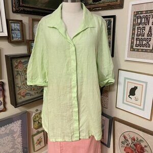 Vintage Foxcroft Womens Lime Green Linen Button-Up Blouse With 3/4 Sleeves 14W